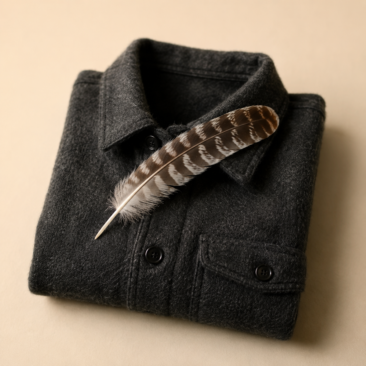 A folded charcoal overshirt with a single barred owl feather laid across the collar