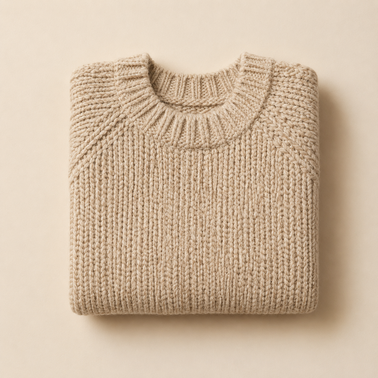 Folded oatmeal chunky knit sweater on a linen surface