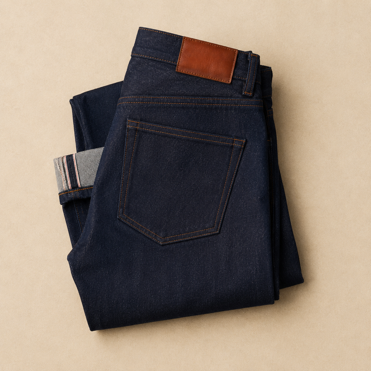 Folded raw indigo selvedge denim trousers